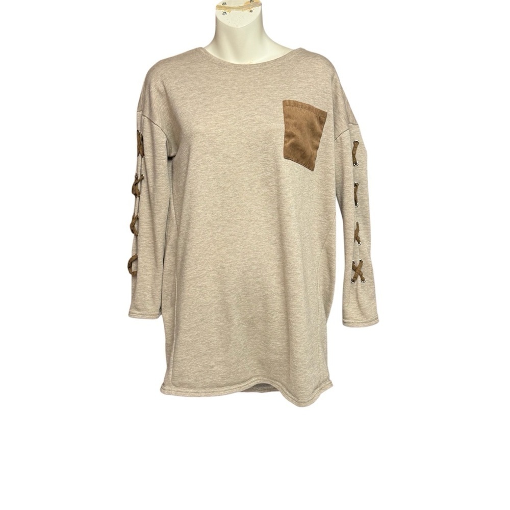 She + Sky size small tan tunic top fun X on both sleeves oversized to a medium